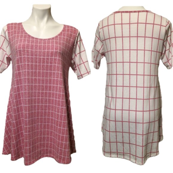 ❤️ 4/$20 New LuLaRoe Perfect T top Women's Small Side slits Pink white squares - Picture 1 of 16